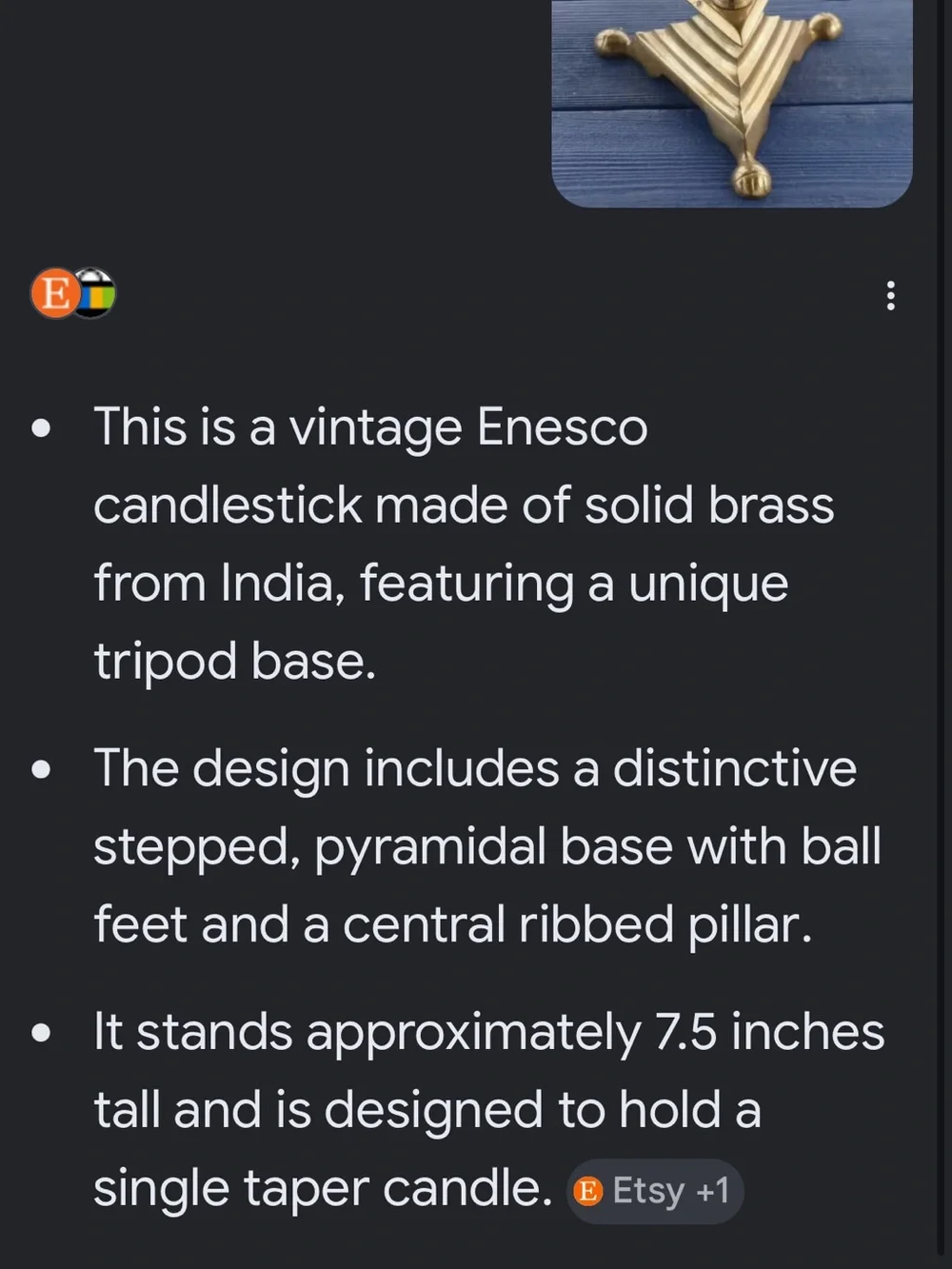 vintage Enesco candlestick solid brass from India, unique tripod base.